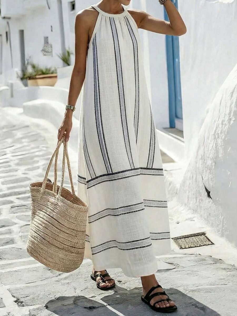 Maxi Dress Halter - Women Sleeveless Halter Maxi Dress Striped