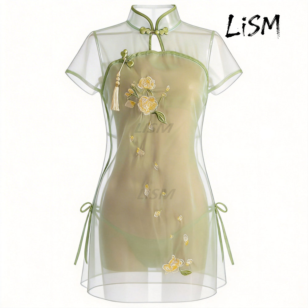 Kimono Sheer Floral - LiSM Women's Cheongsam Pajamas, Sheer Mesh