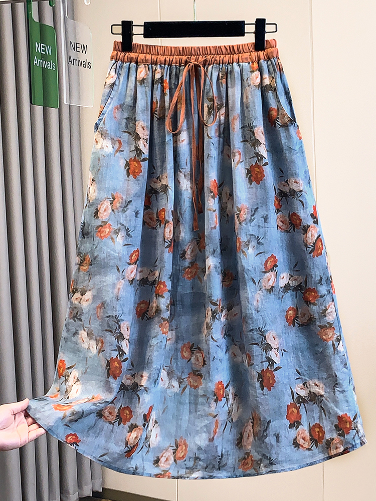 Midi Skirt Floral - Fashionable Artistic Large Size Floral Print