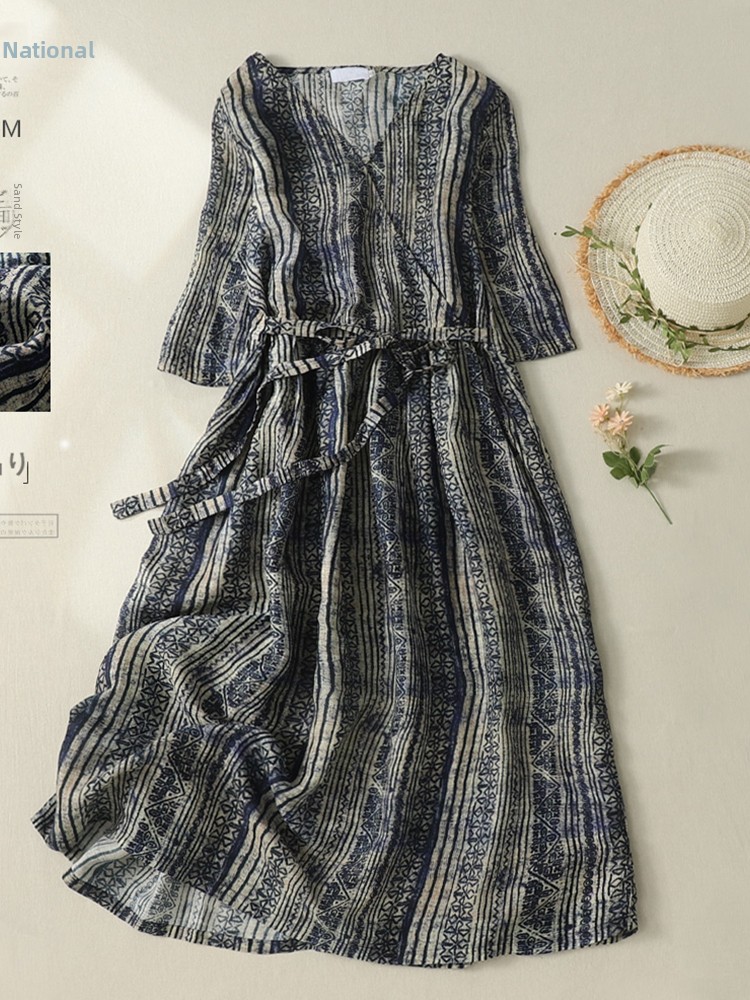 V-Neck Short Sleeve Midi Dress - Linen Dress Wrap recensie en prijs