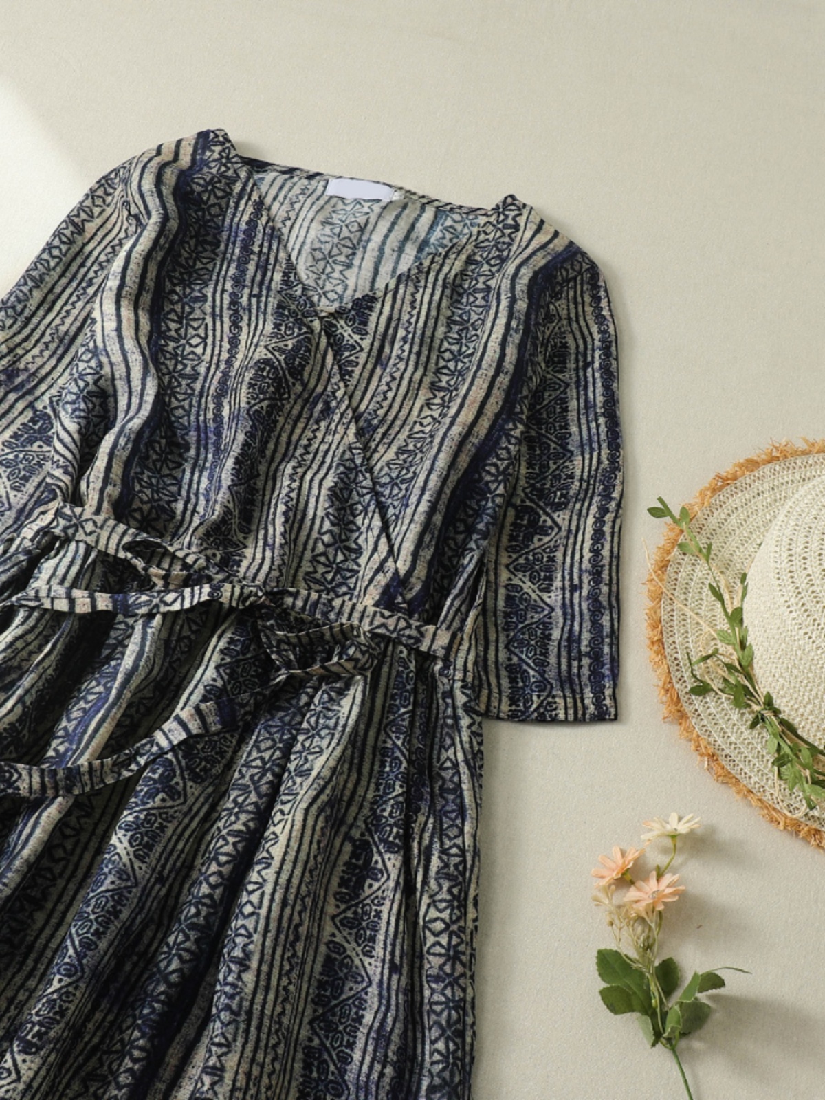 V-Neck Short Sleeve Midi Dress - Linen Dress Wrap recensie en prijs