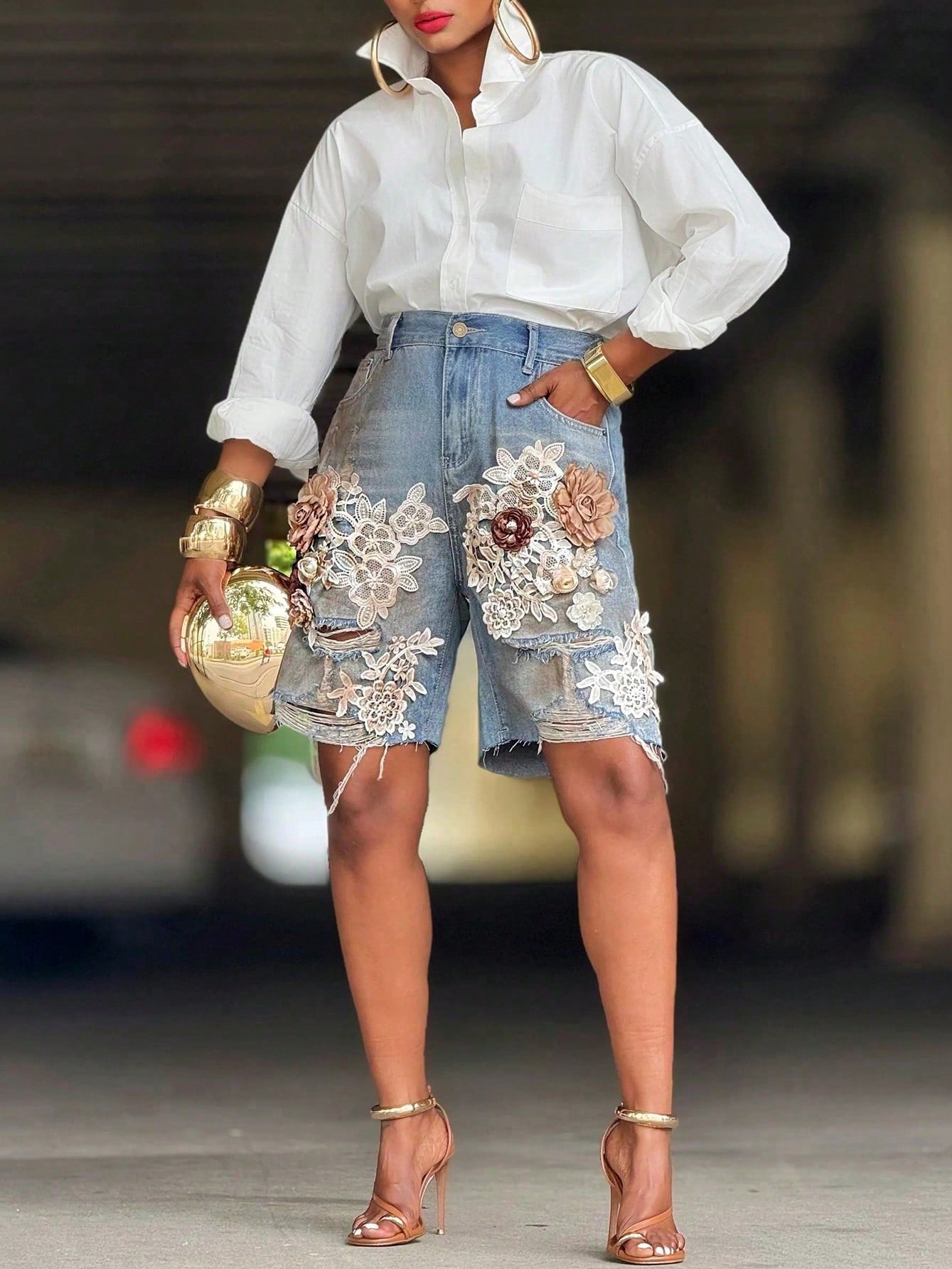 GLOURI Women 3D Floral Appliqu - Shorts Denim Frayed recensie en prijs