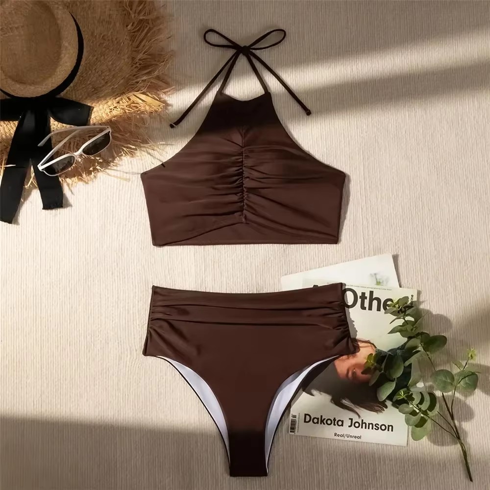 Dark Brown Solid Swimwears Hal - Swimsuit Bikini Ruched recensie en prijs