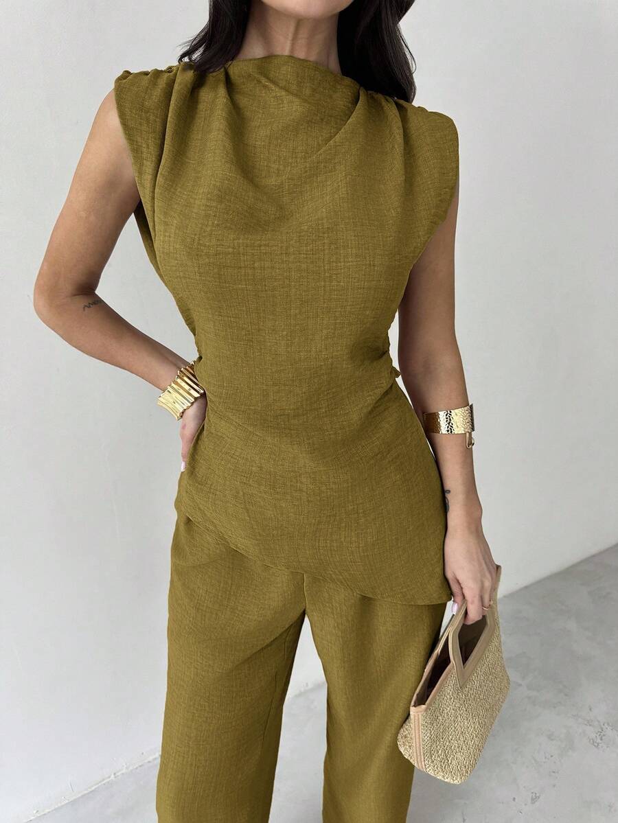 Sleeveless Asymmetric Ruched W - Linen Pant Wide recensie en prijs