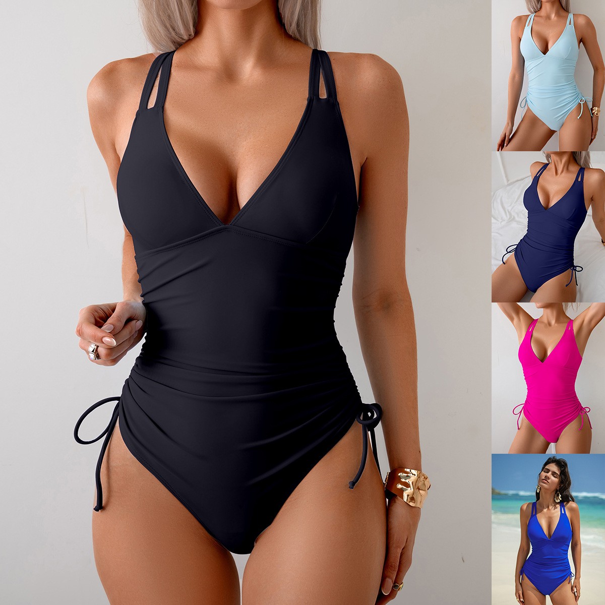 Solid Black Swimsuit V Neck Ru - Swimsuit Bikini Ruched recensie en prijs