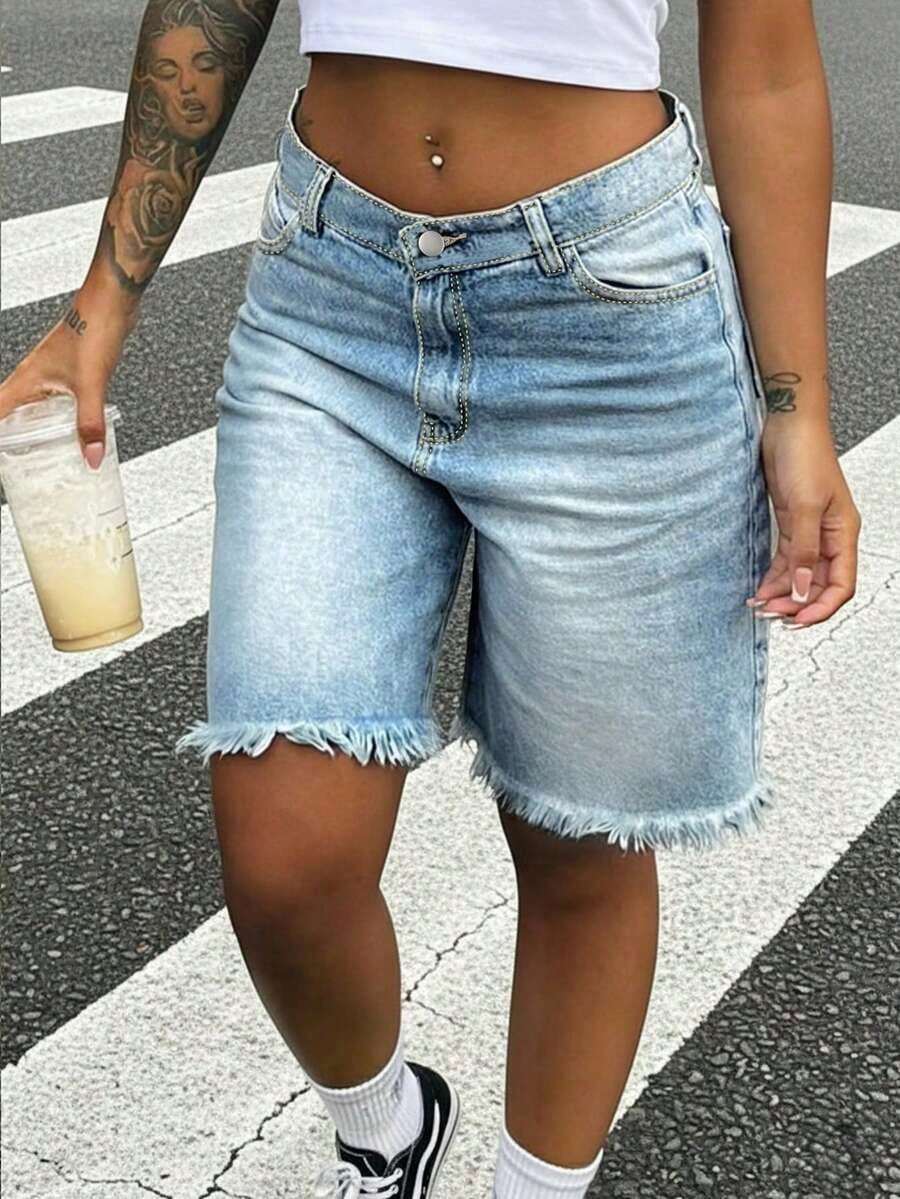 Womens Light Wash Denim Bermud - Shorts Denim Frayed recensie en prijs