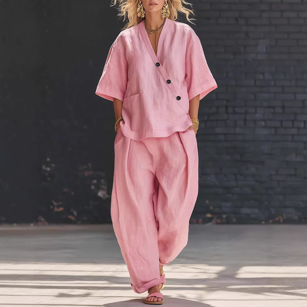 Women’s Two Piece Set Loose V  - Linen Pant Wide recensie en prijs