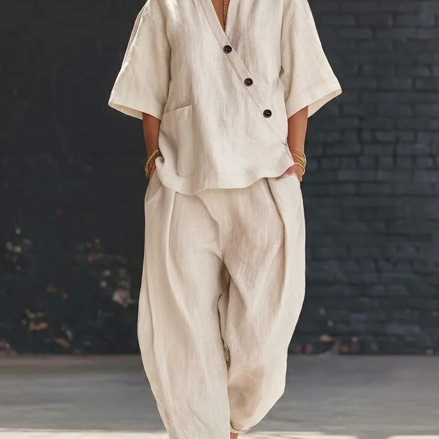 Women’s Two Piece Set Loose V  - Linen Pant Wide recensie en prijs