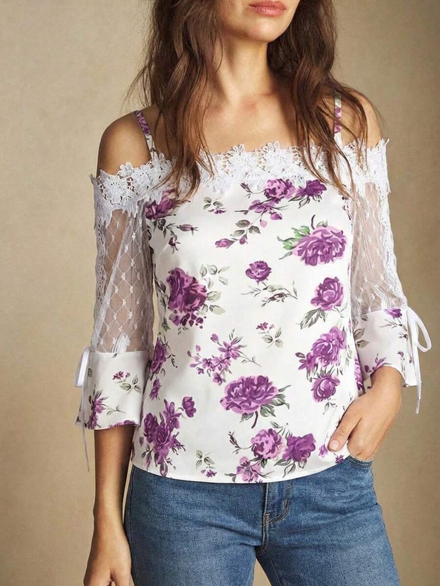Purple Floral Print Off Should - Blouse Off Shoulder recensie en prijs