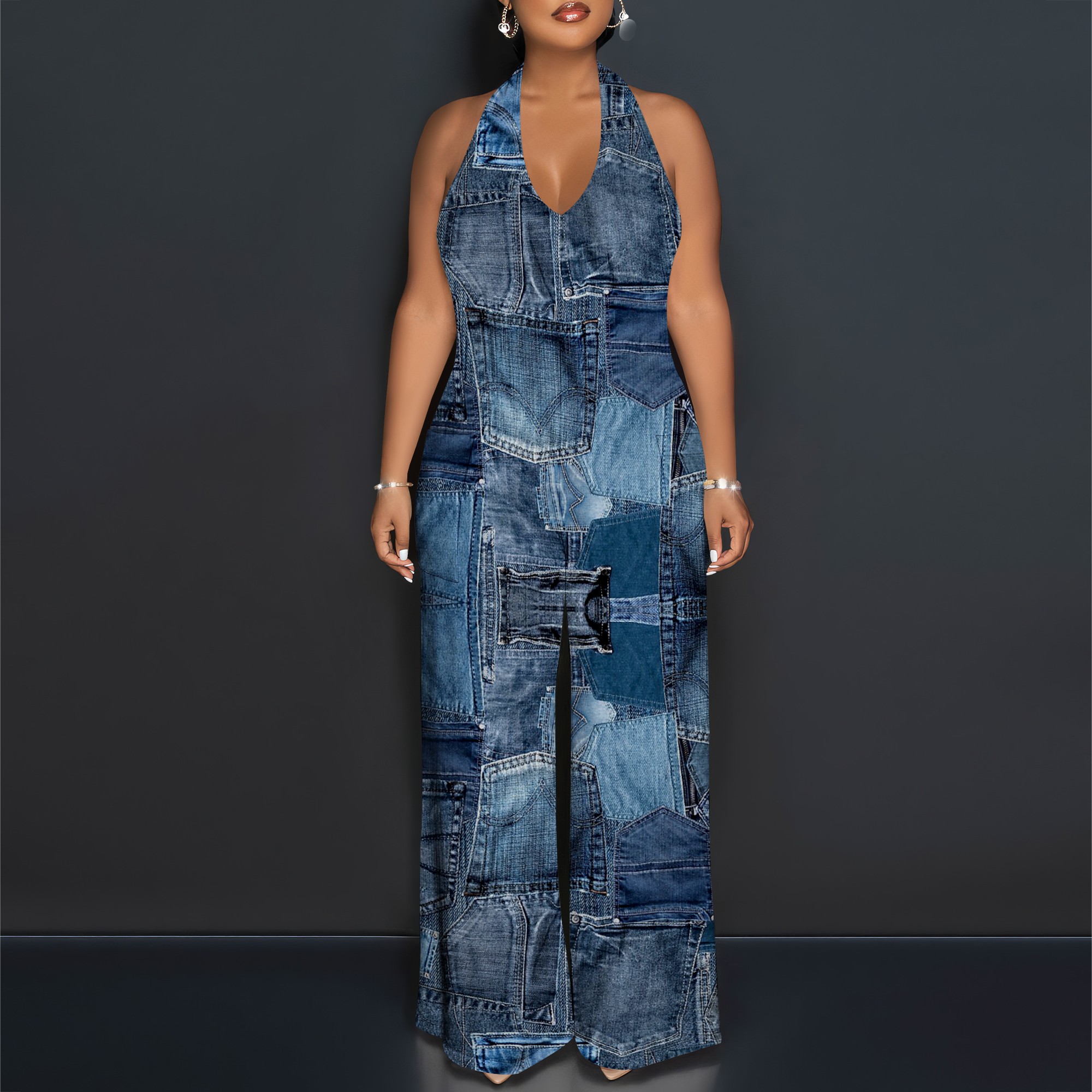 Denim Patchwork Halter V-Neck  - Maxi Dress Halter recensie en prijs