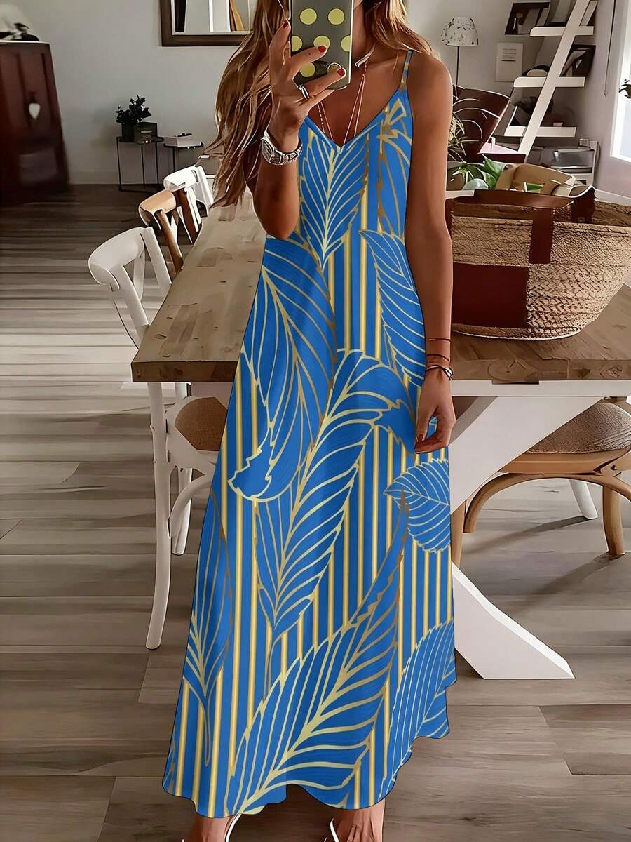 Blue Tropical Leaf Print V-Nec - Maxi Dress Halter recensie en prijs